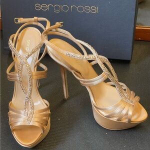Sergio Rossi crystal satin platform sandals, nude
